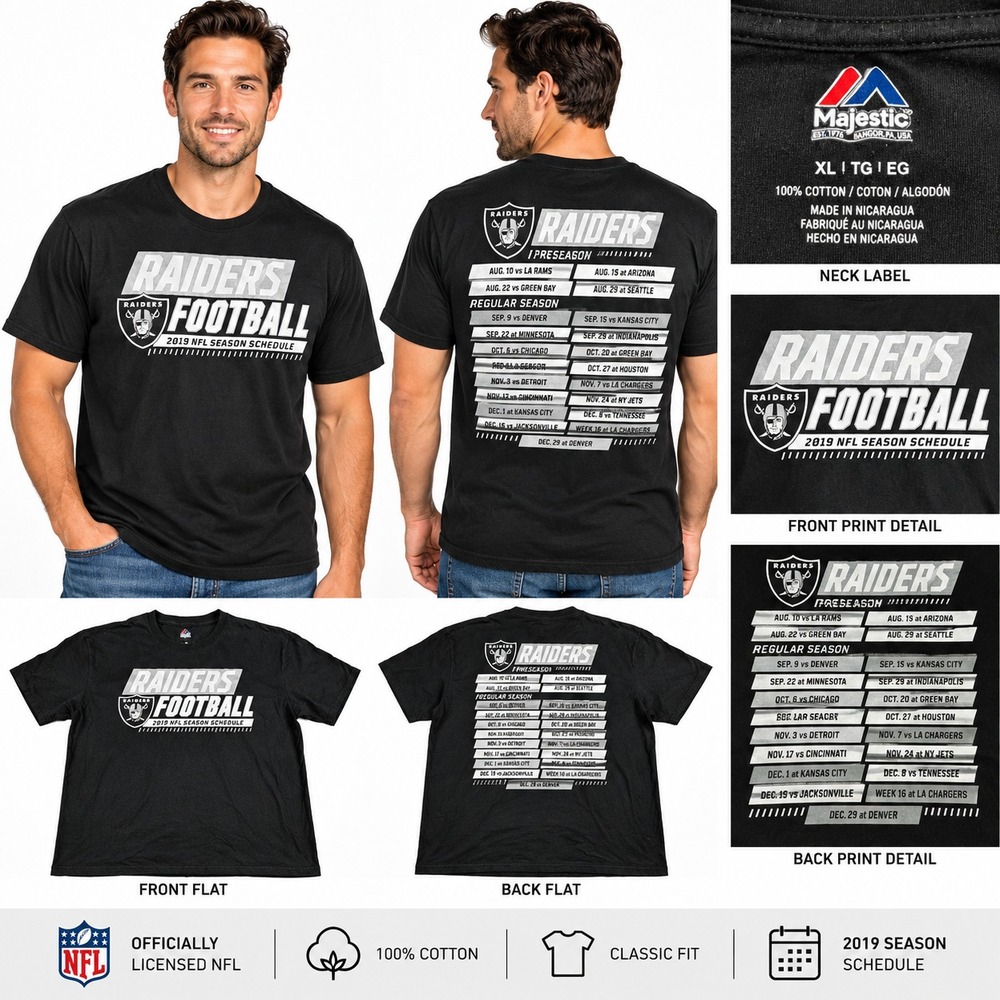 Majestic Oakland Raiders Men's XL Black 2019 Season Schedule Graphic NFL T-Shirt